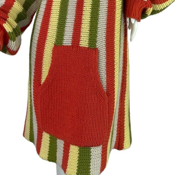 1970's Handknit Striped Dress with Big Kangaroo Front Pocket, Yellow, Green, Red - Picture 2 of 10